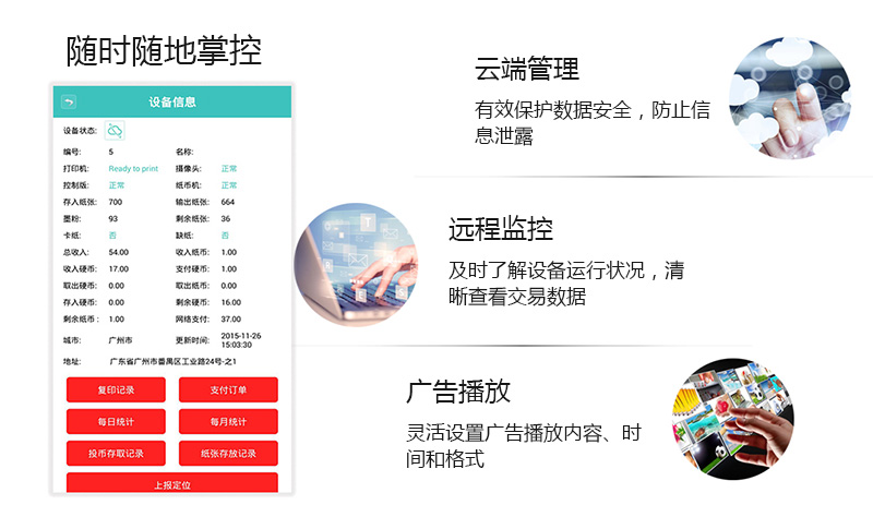 隨時隨地掌控、云端管理、遠程監控、廣告播放