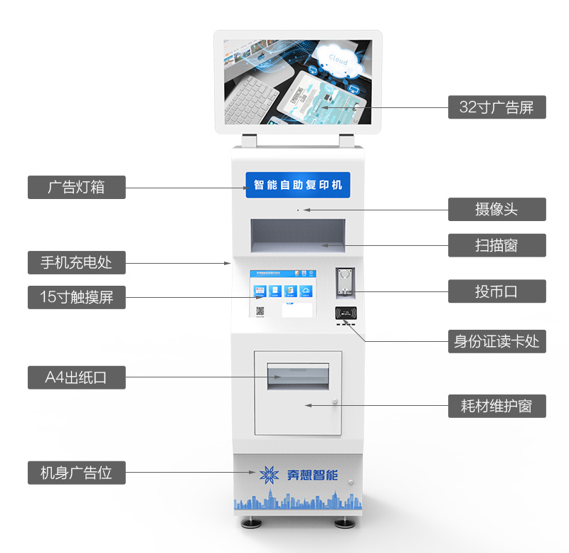 廣告燈箱、觸摸屏、掃描窗、攝像頭、投幣口、身份證讀卡、液晶廣告屏、手機免費充電、A4紙口