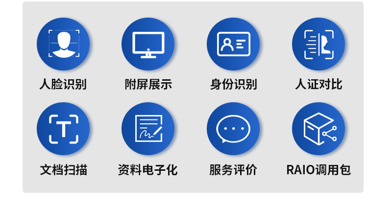設備功能介紹-人臉識別-附屏展示-身份證識別-人證比對-文檔掃描-資料電子化-服務評價-RAIO調用包-廣州磐眾智能科技有限公司