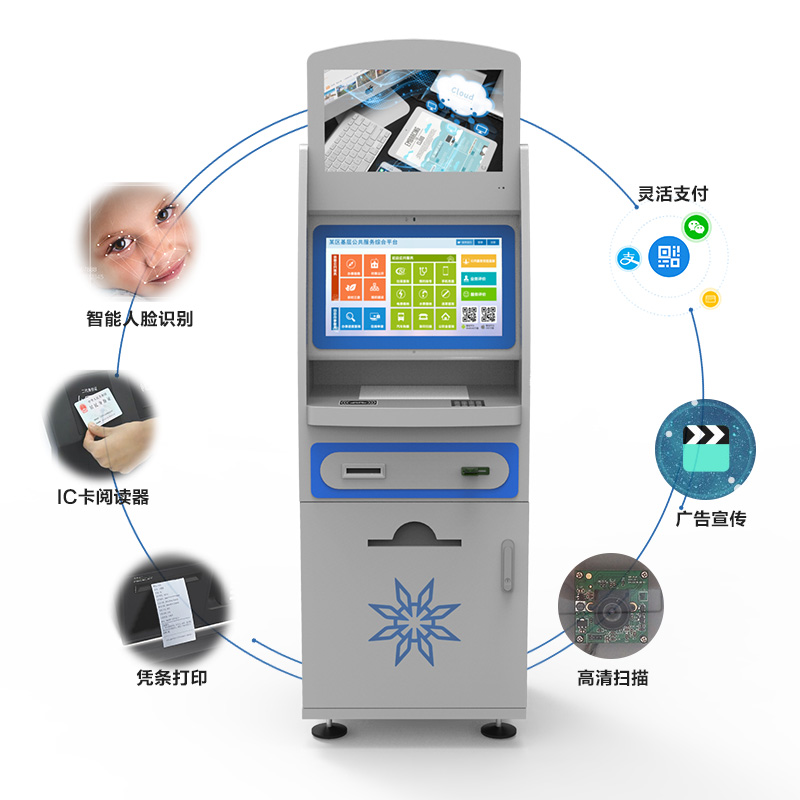 智能人臉識(shí)別、IC卡閱讀器、憑條打印、高清掃描、廣告宣傳、靈活支付