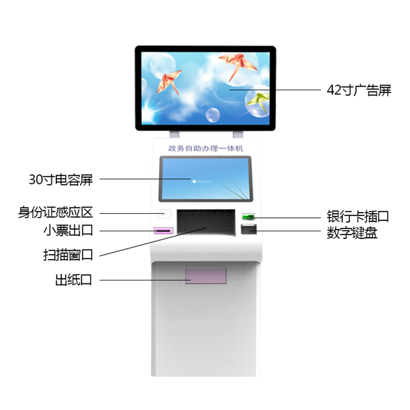 42寸廣告屏\30寸電容屏\身份證感應區\掃描窗口\銀行卡插口\數字鍵盤